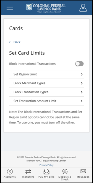 screenshot on setting card limits