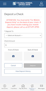 Screenshot of mobile app showing the deposit a check option