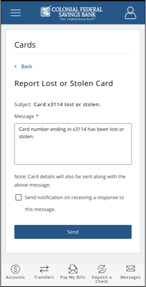 screenshot to show how to report a lost or stolen card